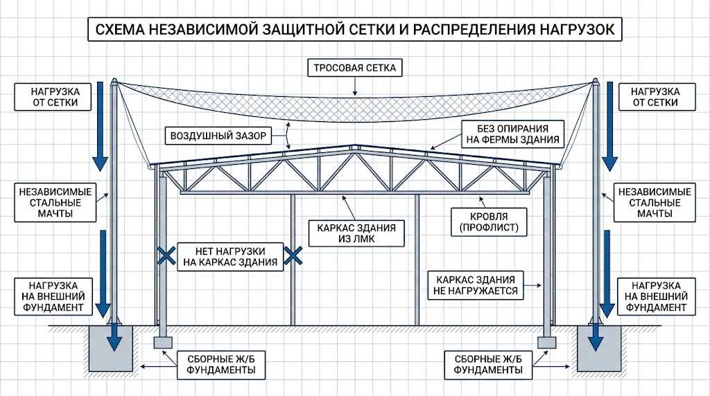 Независимый каркас над кровлей склада - схема