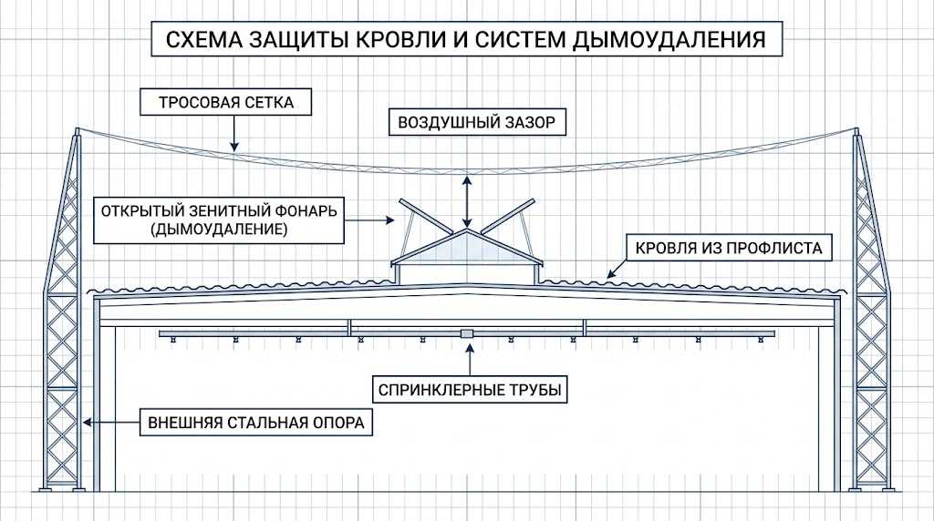 Сетка над кровлей и зенитные фонари дымоудаления - зазор