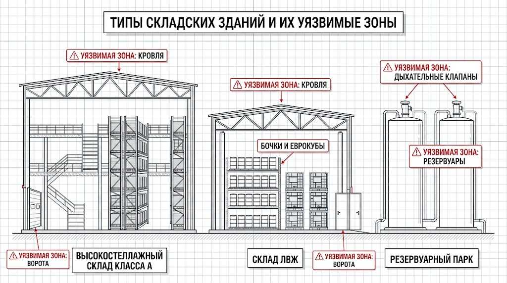 Типы складских объектов - класс А, ЛВЖ, резервуары