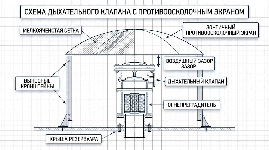 Дыхательный клапан с противоосколочным экраном и зазором