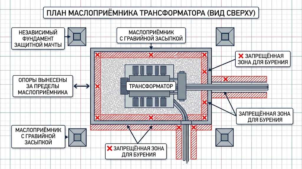 Маслоприёмник трансформатора и вынос опор - схема