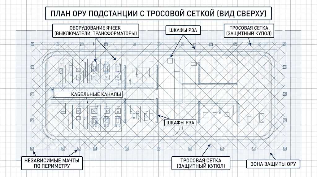 ОРУ с защитной сеткой и зонами защиты - схема