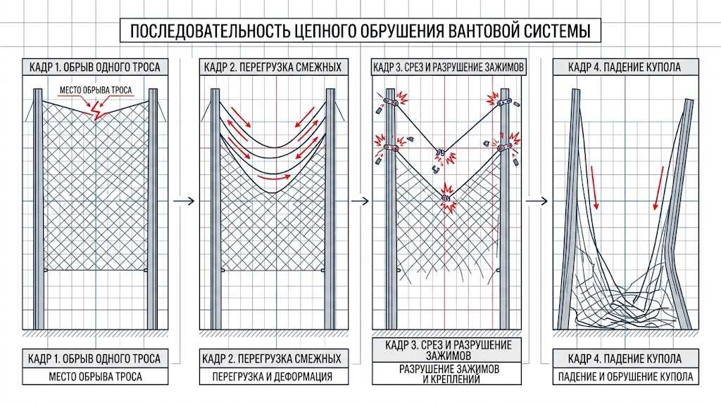 Прогрессирующее обрушение вантовой системы - схема