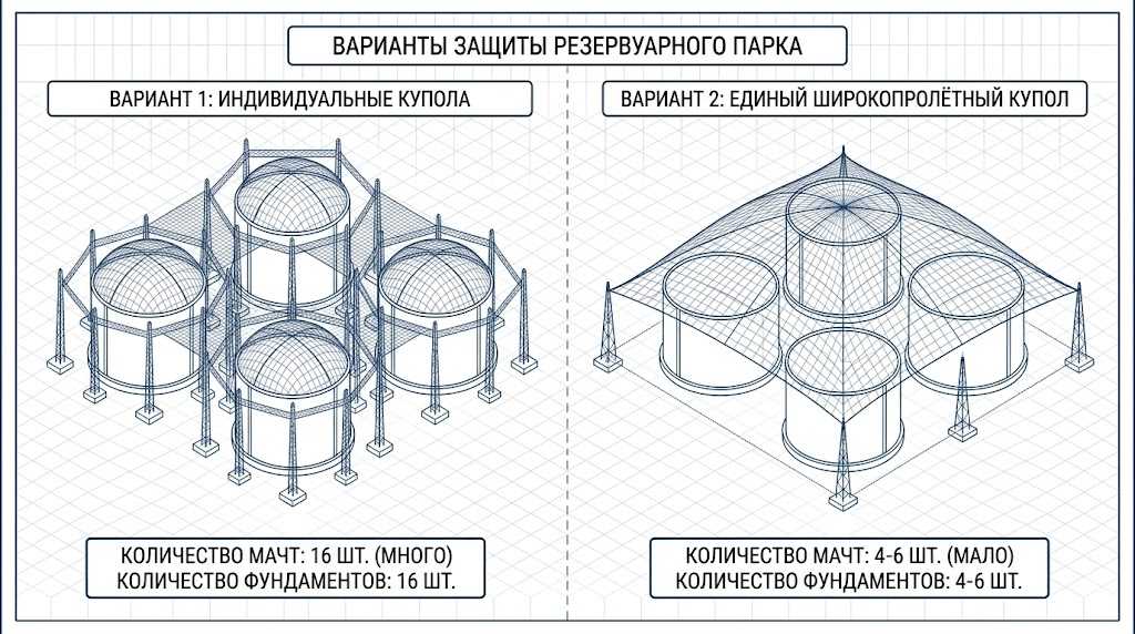 Сравнение одиночных куполов и единого модуля для резервуаров