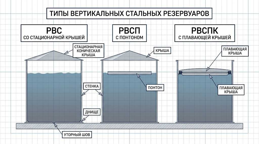 Типы резервуаров РВС, РВСП, РВСПК - схема