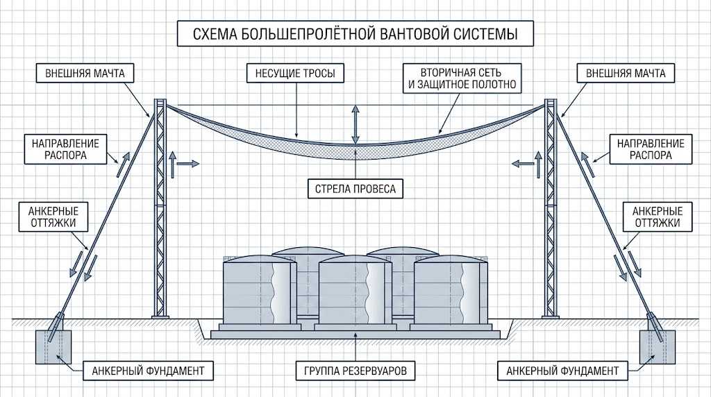Вантовая система над резервуарами - провисание и распор