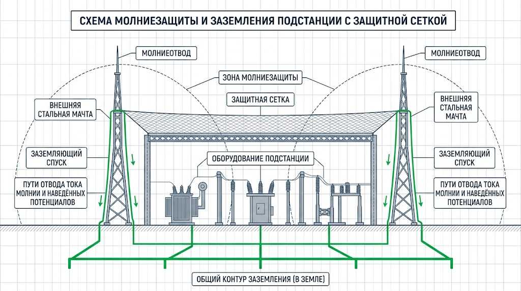 Заземление и молниезащита подстанции с защитной сеткой - схема