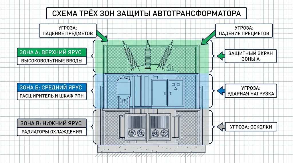 Зонирование защиты автотрансформатора - схема А, Б, В