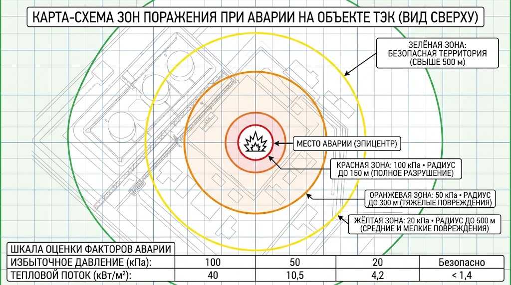 Зоны поражения при аварии на объекте ТЭК - схема