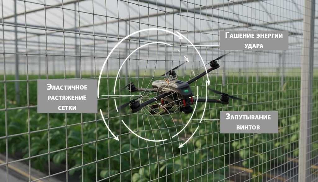 Механизм-гашения-удара-БПЛА-полиамидной-сеткой-над-тепличным-комплексом