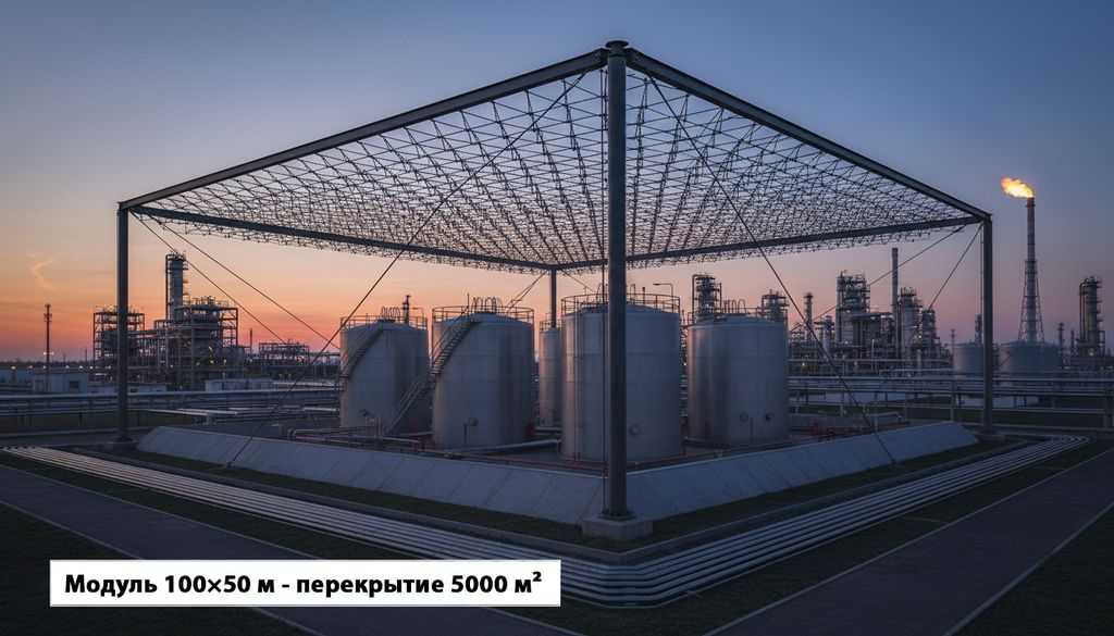 Модуль 100×50 м для защиты группы резервуаров от БПЛА с вторичной сетью 5×5 м