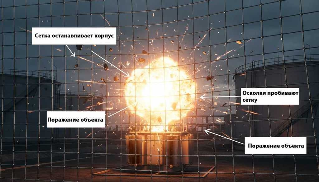Момент детонации БПЛА после столкновения с защитной сеткой