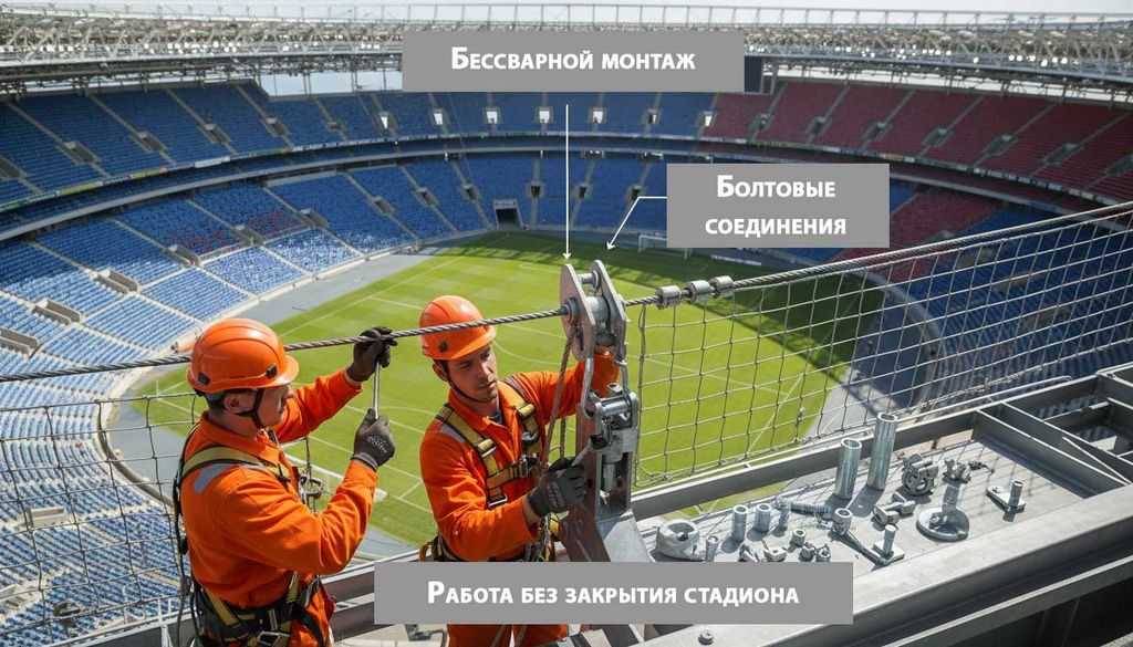 Процесс-бессварного-монтажа-защитной-конструкции-Паутина-на-стадионе