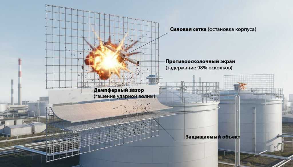 Работа двухуровневой системы защиты Паутина с противоосколочным экраном