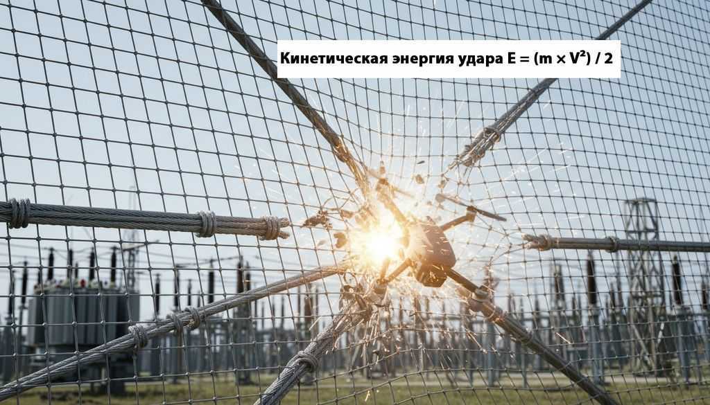 Расчёт кинетической энергии удара БПЛА о защитную сетку