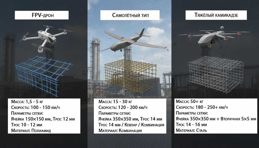 Сравнение параметров сетки Паутина для FPV-дронов, самолётных БПЛА и тяжёлых камикадзе