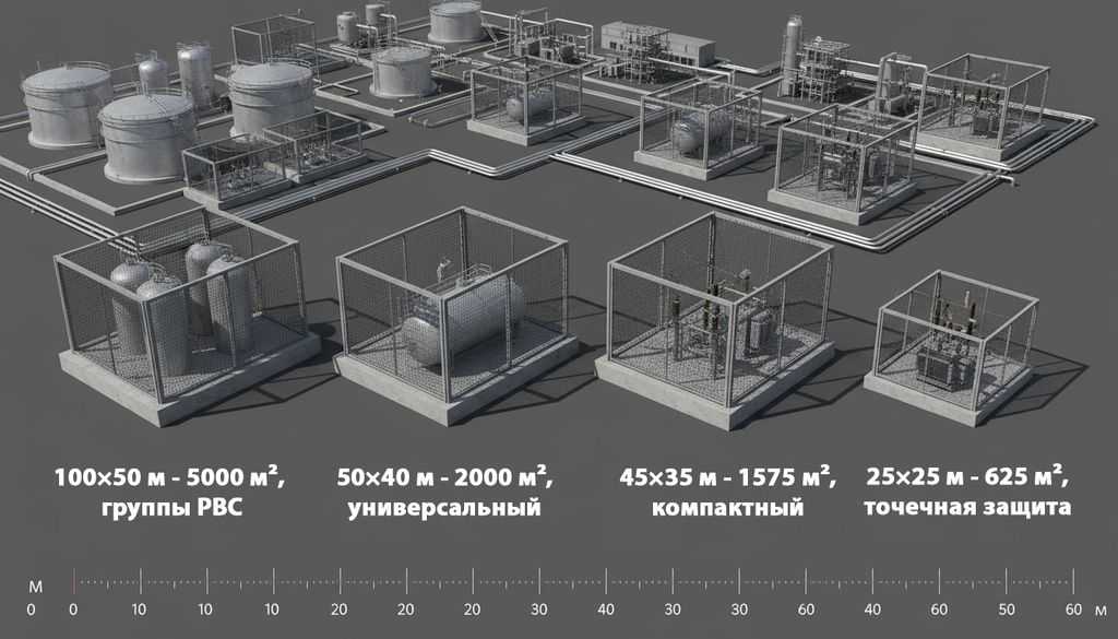 Сравнение типоразмеров модулей 100×50, 50×40, 45×35 и 25×25 м для защиты от БПЛА