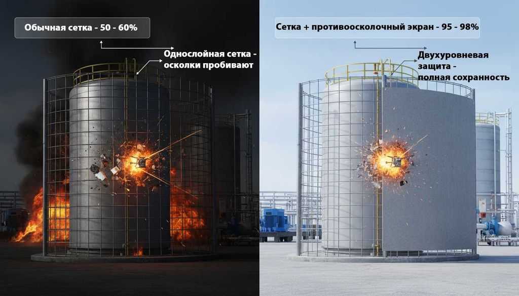 Сравнение эффективности обычной сетки и системы с противоосколочным экраном