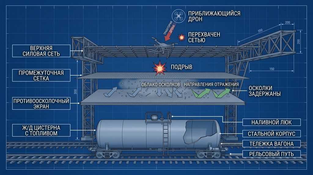 Двухуровневая структура защиты эстакады: силовая сетка и противоосколочный экран
