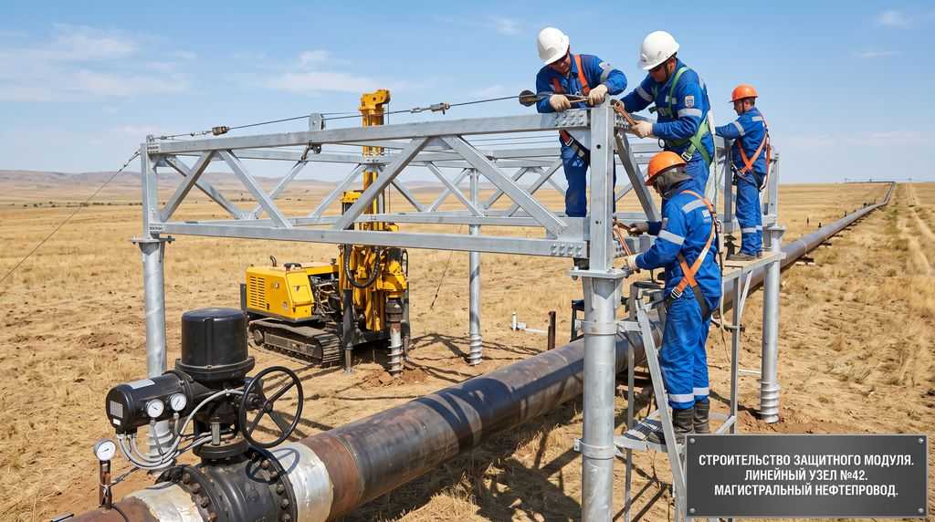 Монтаж защитного модуля на винтовых сваях на линейном узле нефтепровода