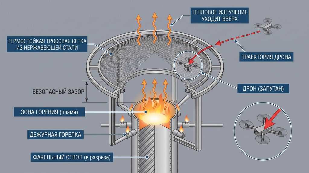 Схема термостойкой защиты оголовка факела: тросовая сетка, безопасный зазор, зона горения