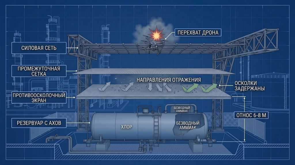 Двухуровневая структура защиты ёмкостей с АХОВ: силовая сетка и противоосколочный экран