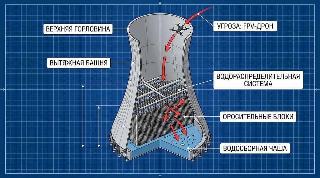 Схема уязвимых элементов башенной градирни: горловина, ороситель, водосборная чаша